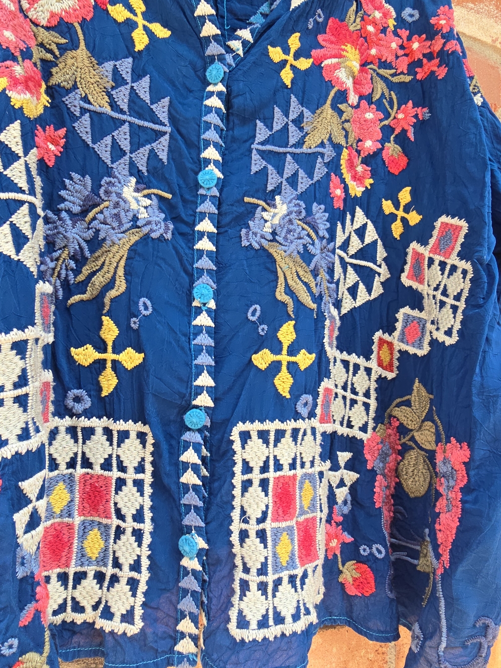 Embroidered Navy Floral Button-Front Women’s Top - Picture 4 of 9